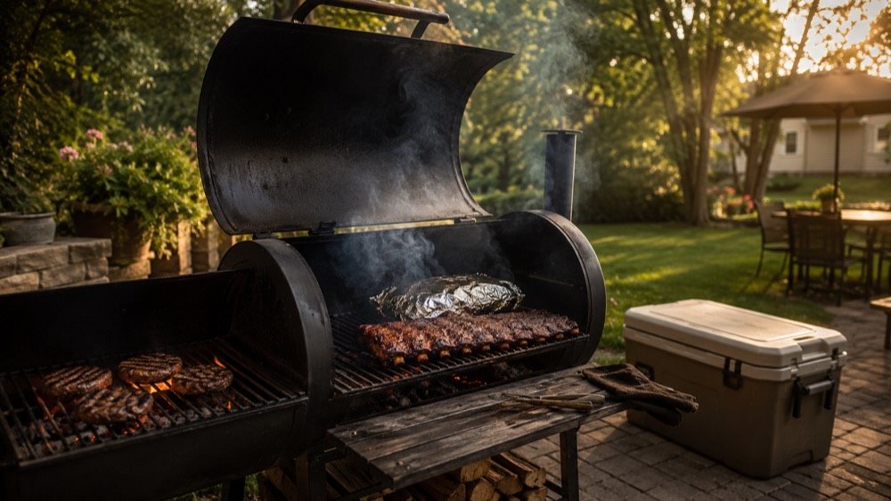 A backyard offset smoker with its lid open, ribs and burgers on the grates, split firewood stacked on the shelf below, and tools and a cooler staged alongside before a Memorial Day cook