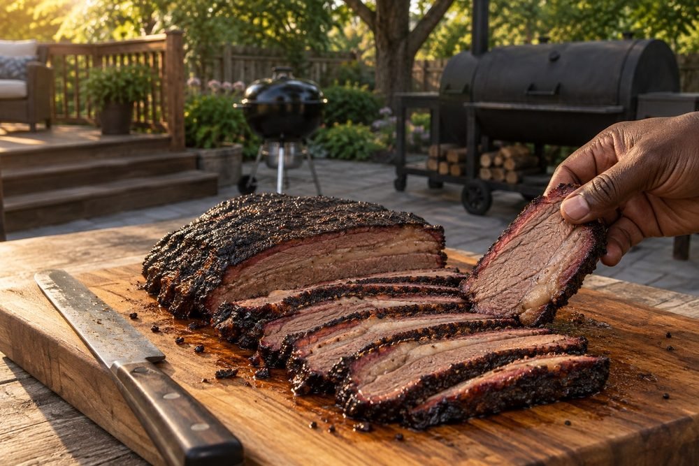Sliced smoked brisket with a visible smoke ring on a wooden board