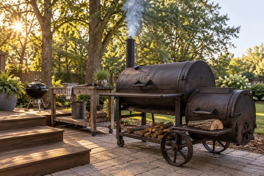 Thin blue smoke rising from an offset smoker in late-afternoon light