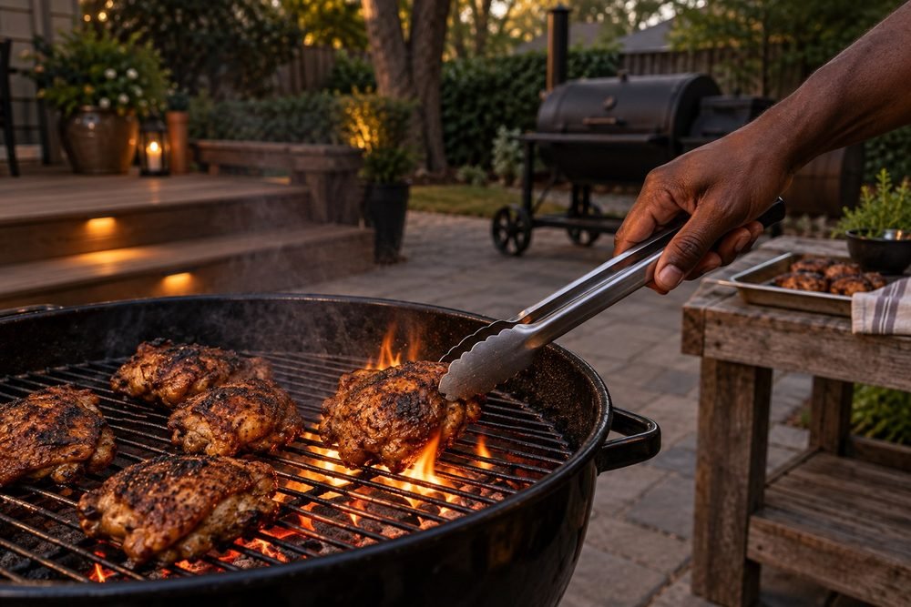 Tongs turning chicken thighs over open coals on a kettle grill