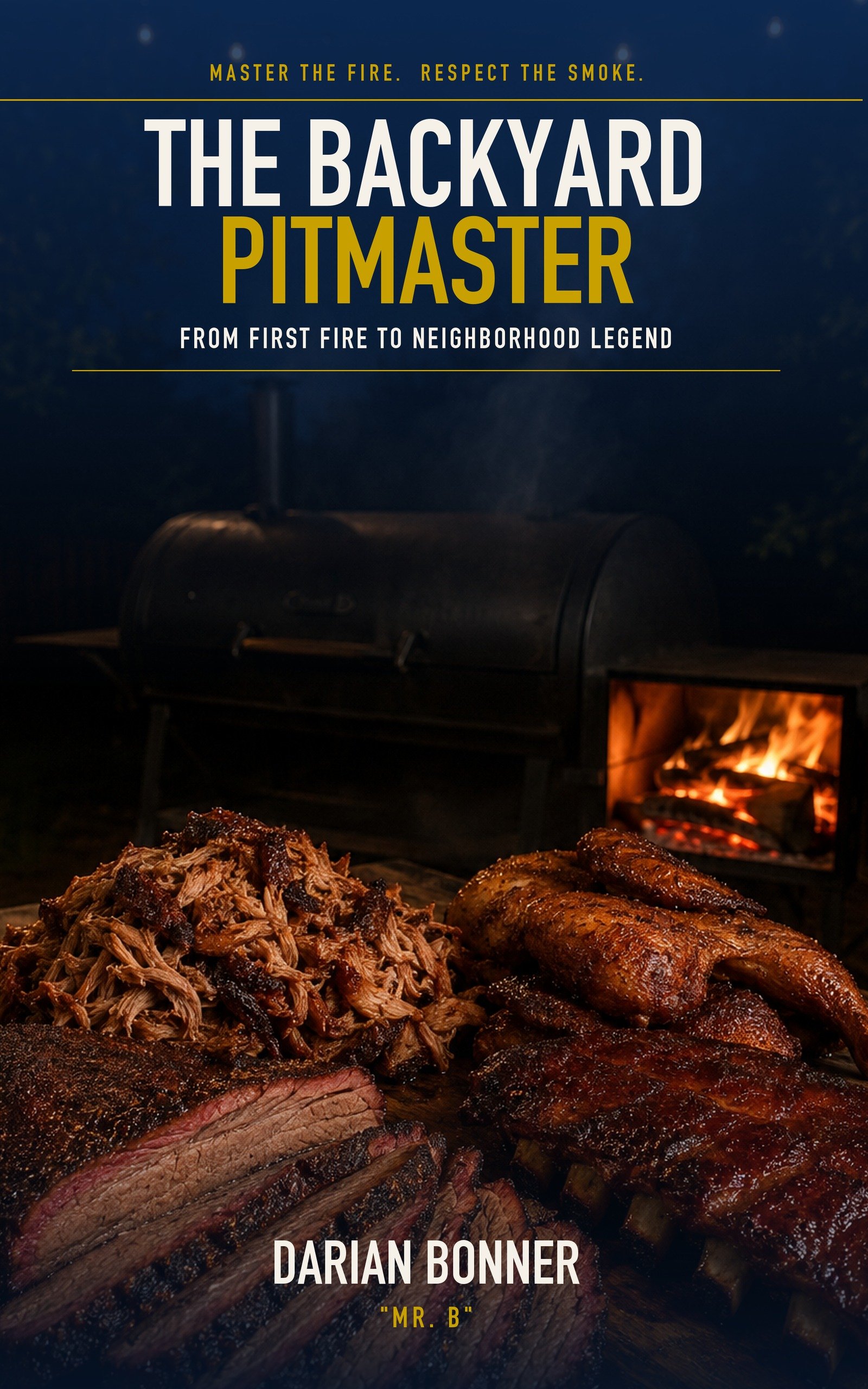 The Backyard Pitmaster: From First Fire to Neighborhood Legend, by Darian Bonner, Mr. B. Navy and gold Kindle cover featuring backyard BBQ and an offset smoker.