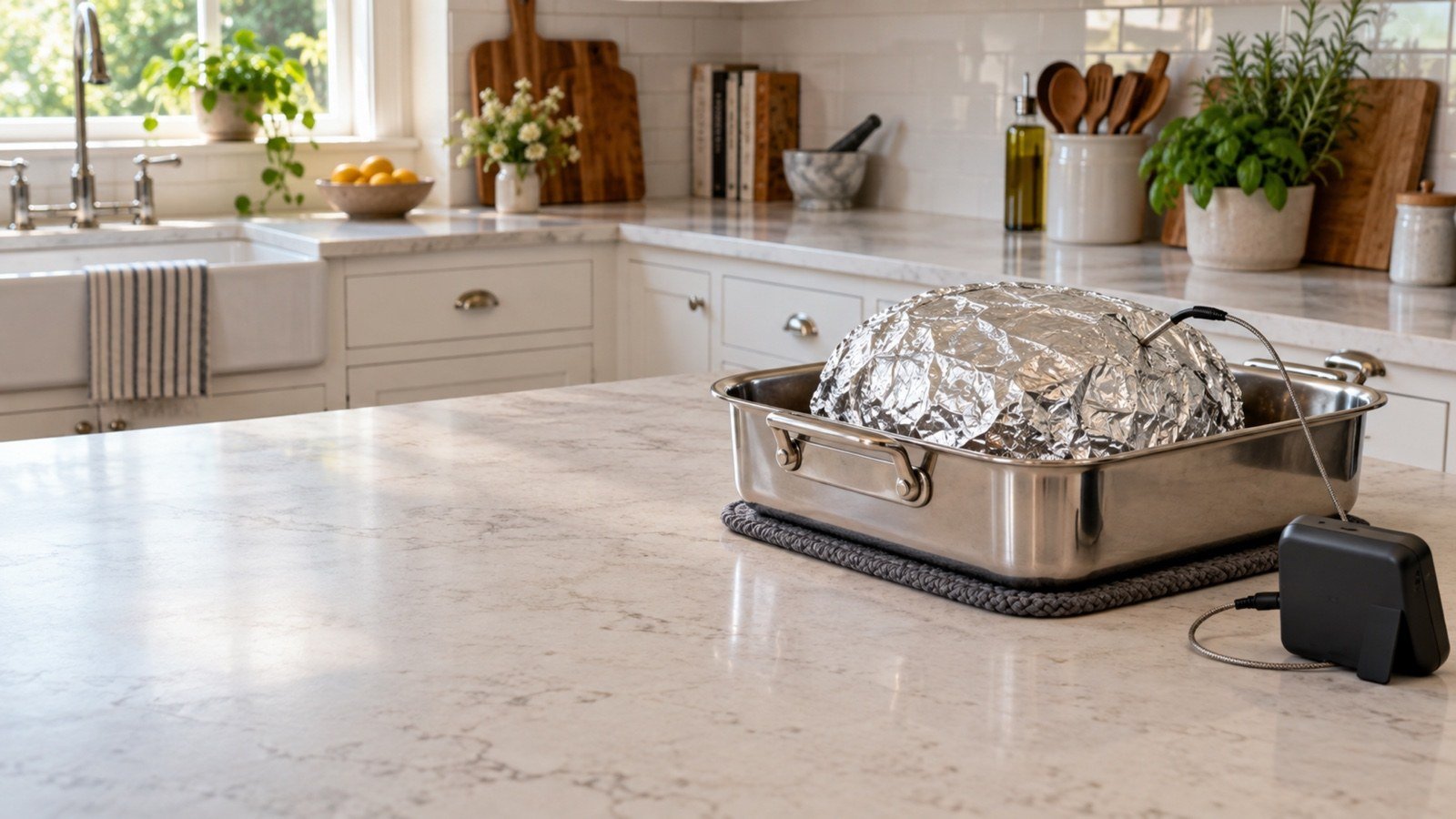 Foil-wrapped bottom round in a clean roasting pan beside monitoring tools in a white kitchen.