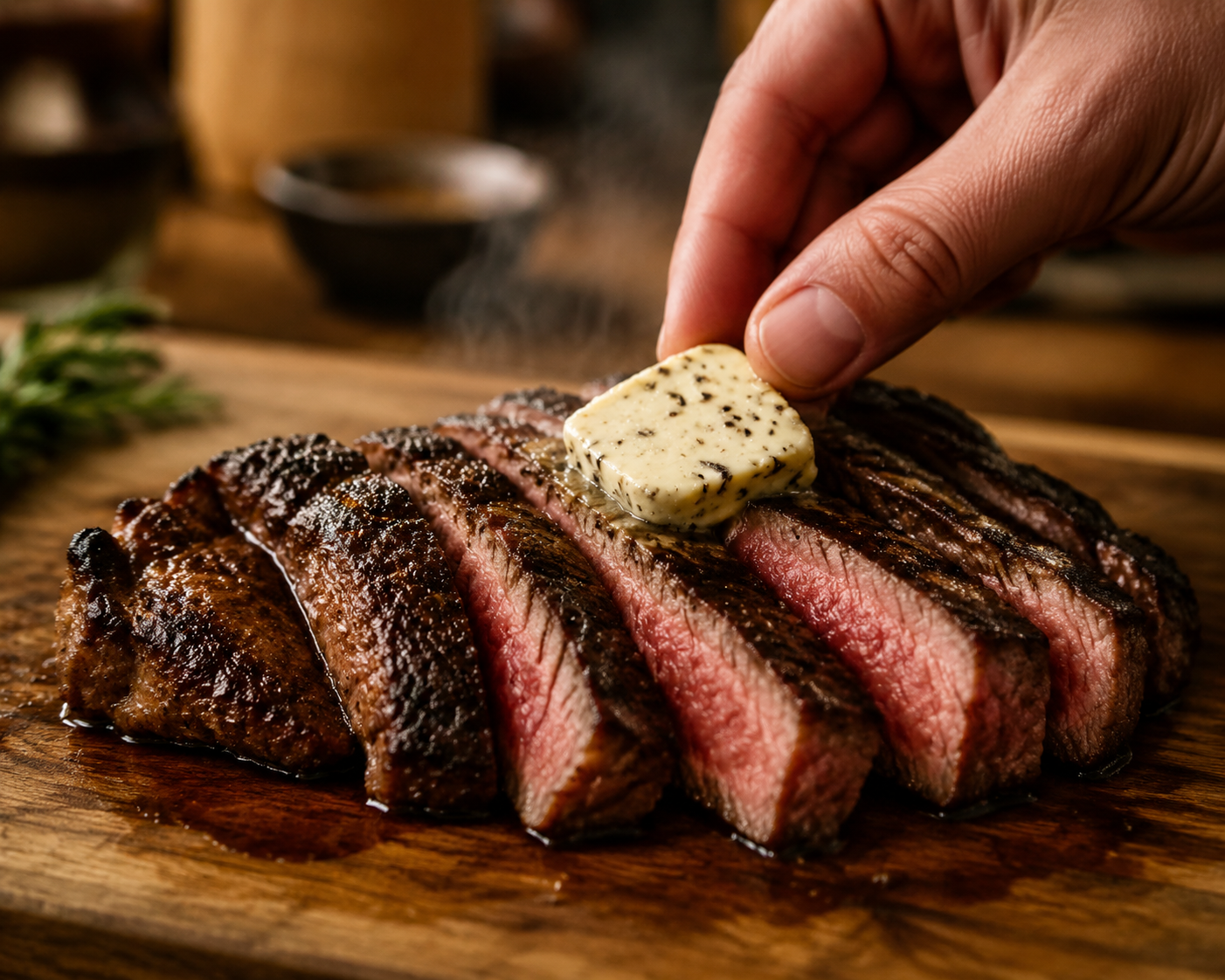 Finishing away from direct heat — truffle butter added only after the cook and rest are complete.