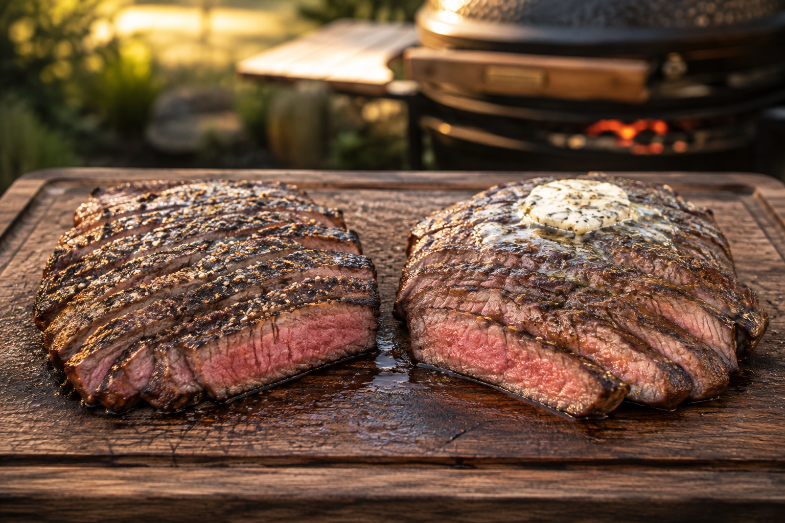 The finished side-by-side — the same cook and rest, one variable changed.