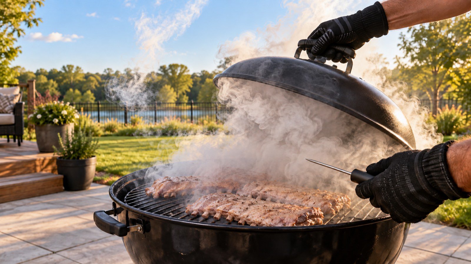 Ribs cooking over charcoal on a backyard kettle grill