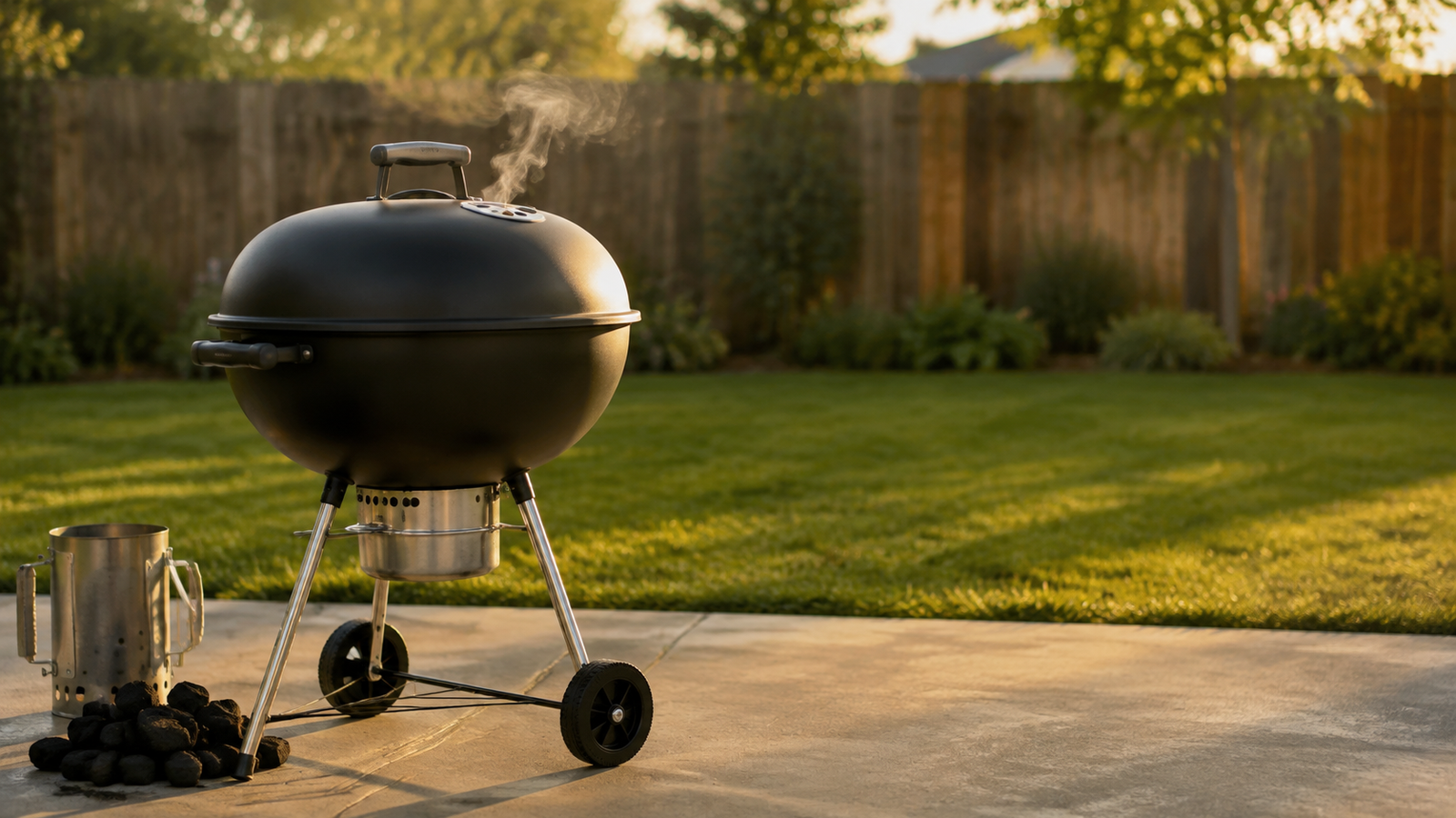 A matte black charcoal kettle grill standing on a patio at golden hour, lid closed, with a thin wisp of smoke rising from the top vent.