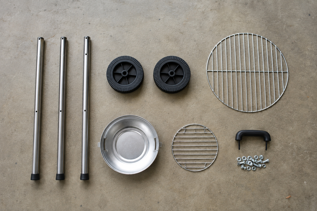 Charcoal kettle grill components laid out in neat rows on a garage floor before assembly, including legs, wheels, both grates, the ash catcher and hardware.