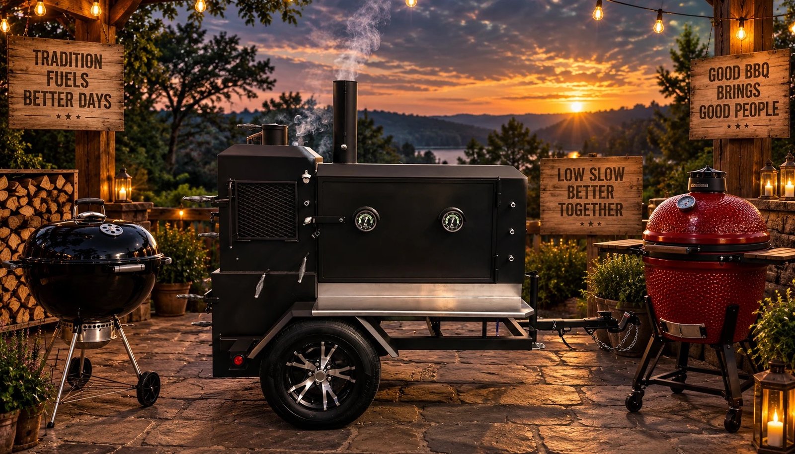 Kettle, offset smoker, and red kamado on a stone patio at sunset beneath string lights and wooden signs