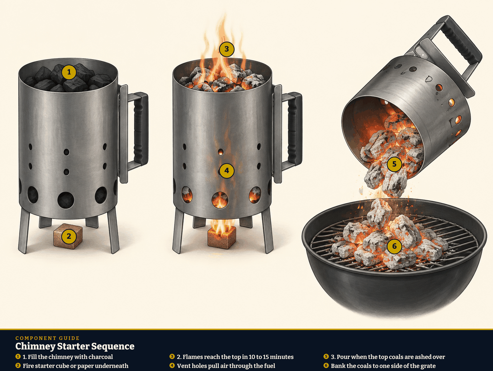 Chimney starter sequence diagram. 1: 1. Fill the chimney with charcoal; 2: Fire starter cube or paper underneath; 3: 2. Flames reach the top in 10 to 15 minutes; 4: Vent holes pull air through the fuel; 5: 3. Pour when the top coals are ashed over; 6: Bank the coals to one side of the grate