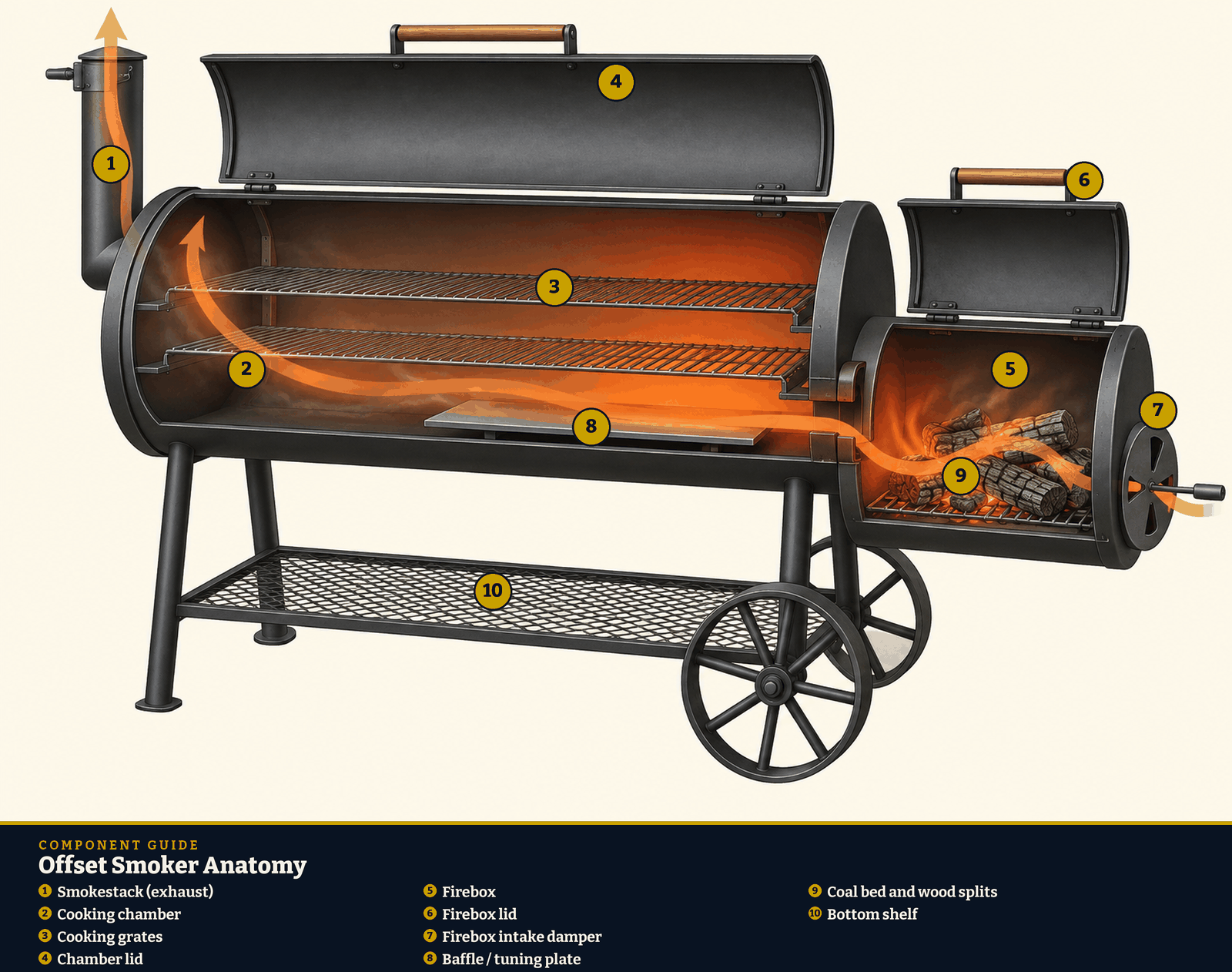 Offset smoker anatomy diagram. 1: Smokestack (exhaust); 2: Cooking chamber; 3: Cooking grates; 4: Chamber lid; 5: Firebox; 6: Firebox lid; 7: Firebox intake damper; 8: Baffle / tuning plate; 9: Coal bed and wood splits; 10: Bottom shelf