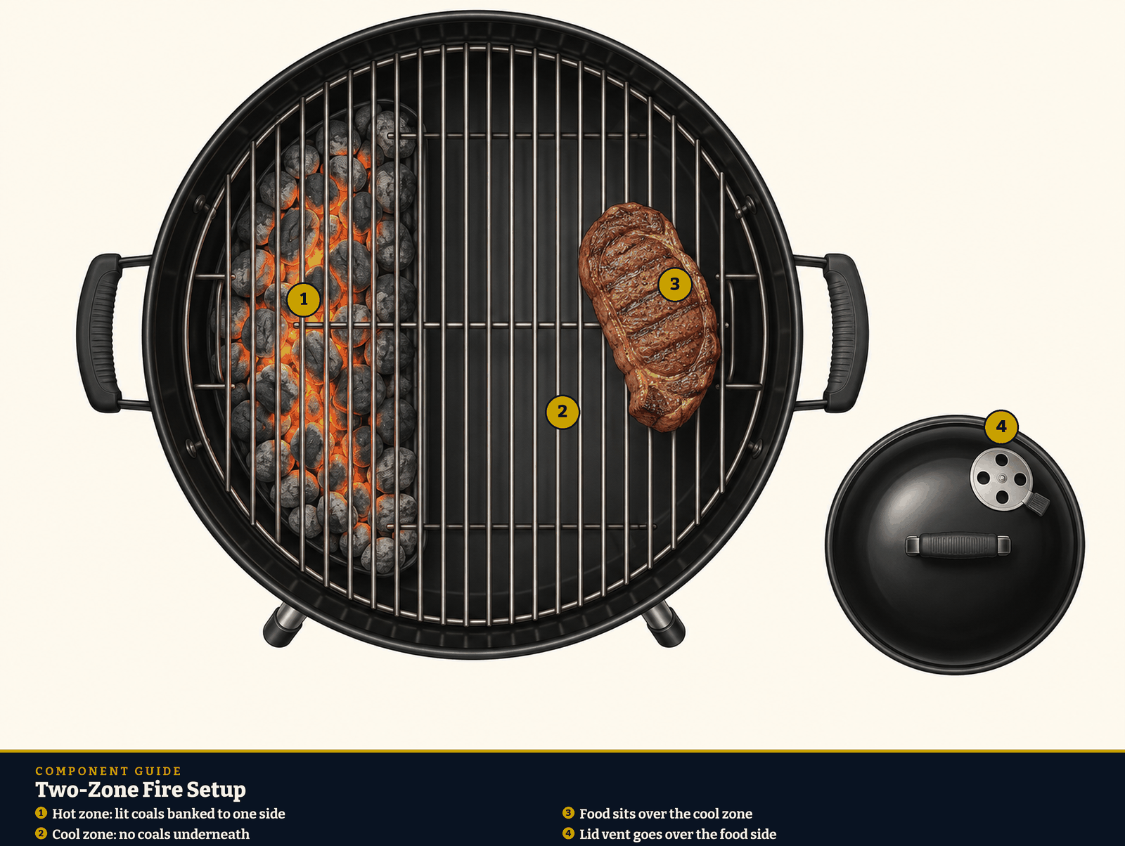 Two-zone fire setup diagram. 1: Hot zone: lit coals banked to one side; 2: Cool zone: no coals underneath; 3: Food sits over the cool zone; 4: Lid vent goes over the food side