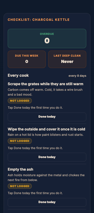 Grill Maintenance Tracker on a phone, showing its results.