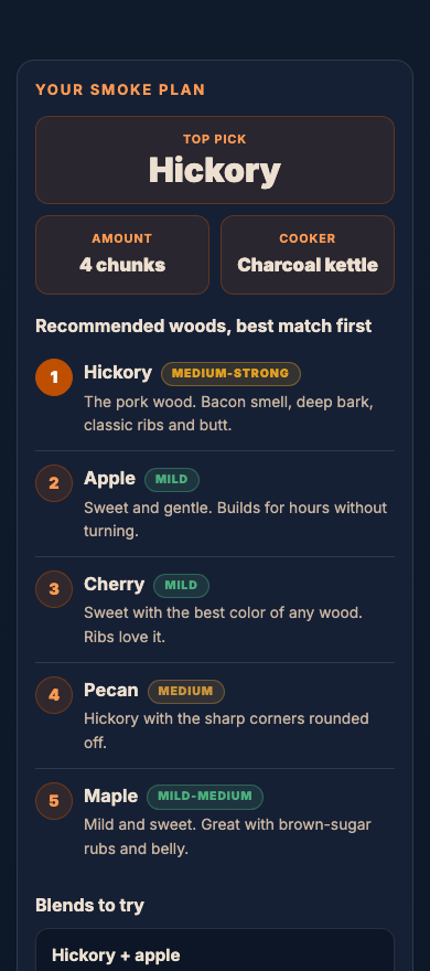 Wood & Smoke Picker on a phone, showing its results.