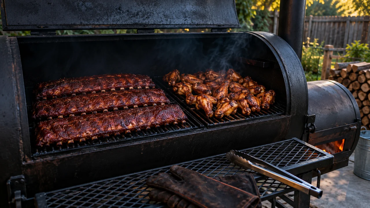 Ribs and Chicken Wings on One Offset Smoker
